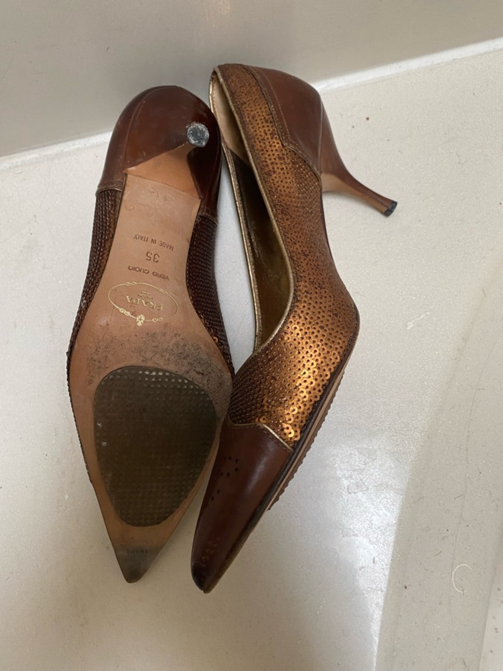 Prada Metallic Brown Pointed-Toe Kitten Heel Pumps 35 / 5 - Picture 6 of 7